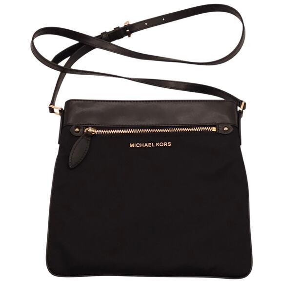 Michael Kors Crossbody Bag Womens Black Nylon Leather Trim Gold Hardware Top Zip - Picture 1 of 14
